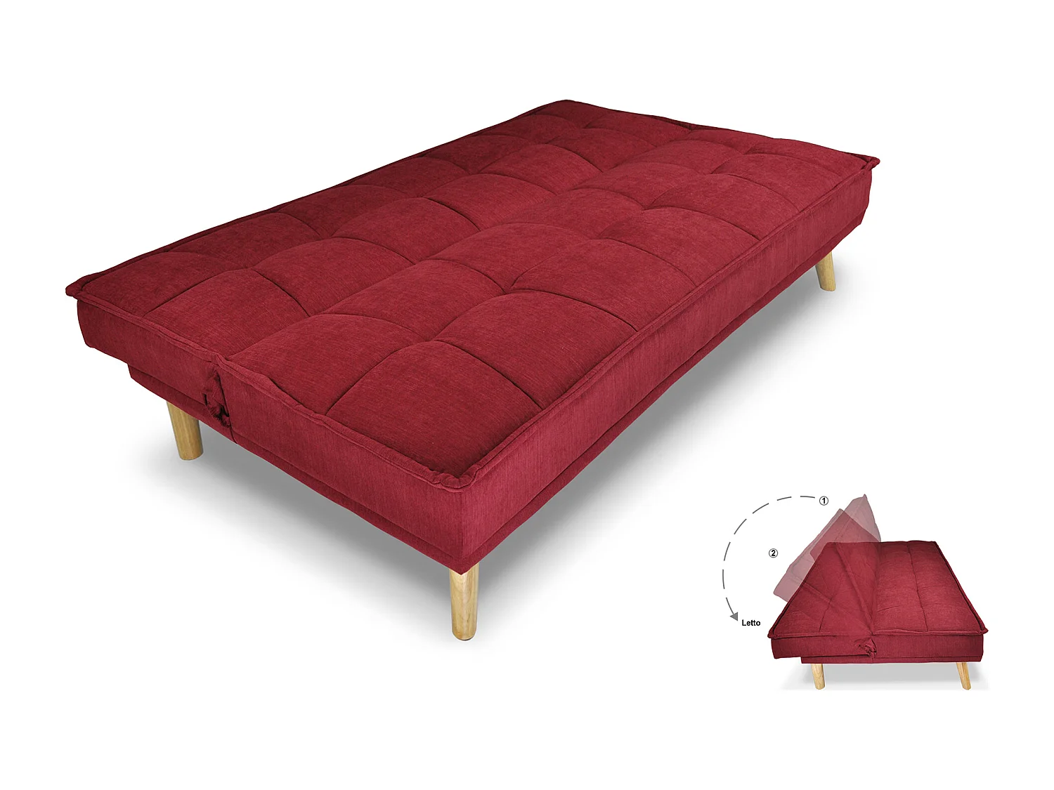 Divano letto clic clac in tessuto vellutato bordeaux, divano 3 posti mod. Bart