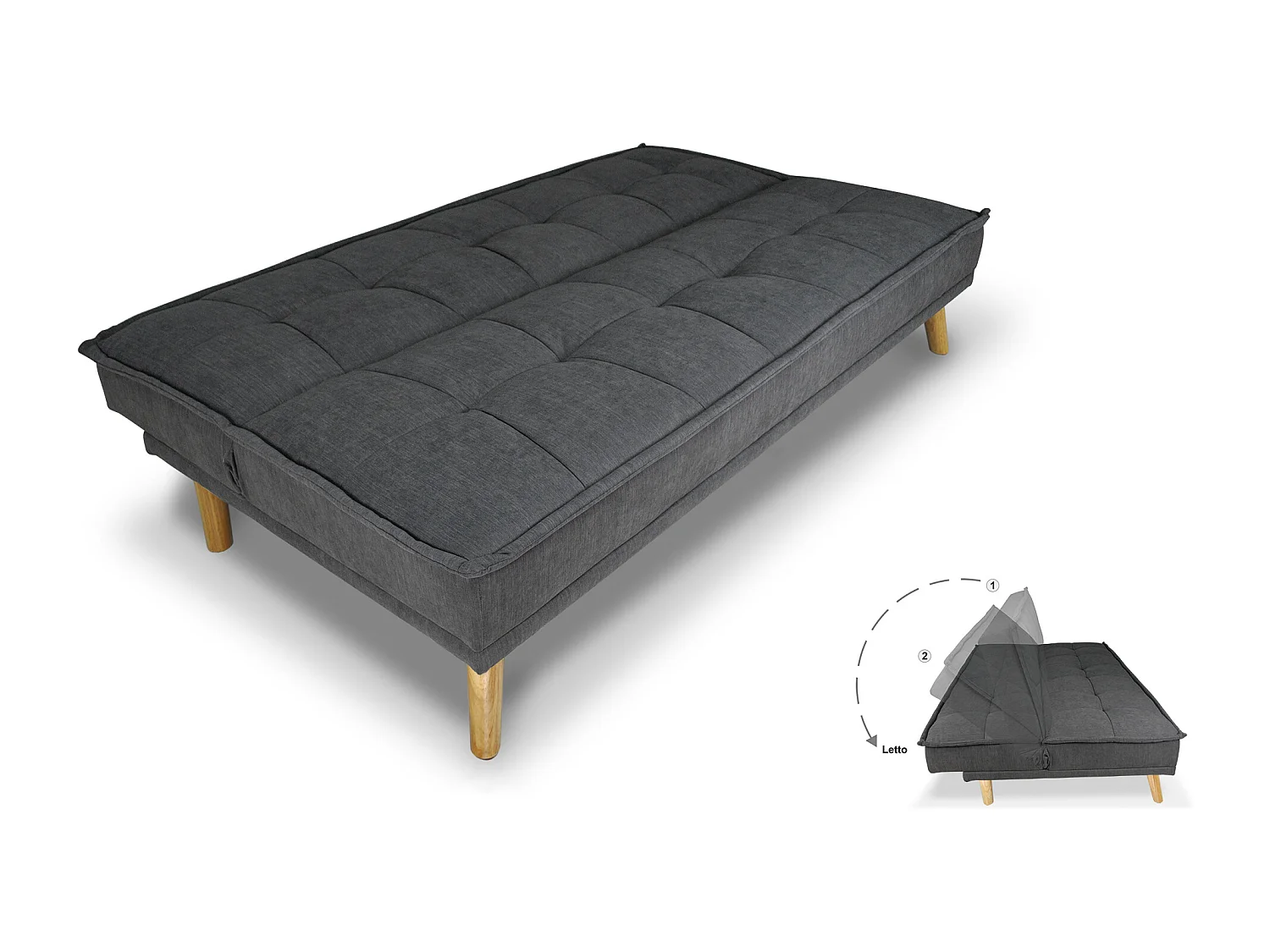 Divano letto clic clac in tessuto vellutato grigio scuro, divano 3 posti mod. Bart