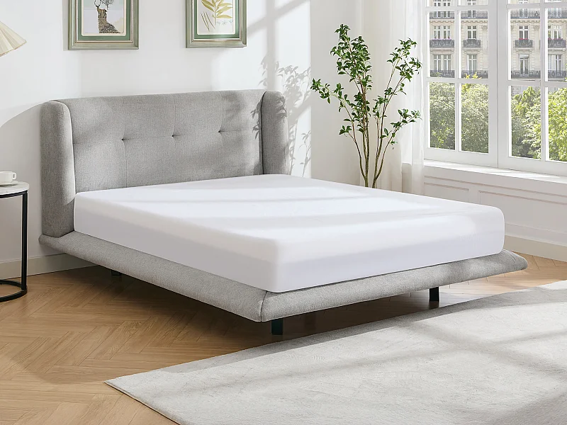 Cama 140x190 cm com cabeceira capitonê tecido cinza-claro - PENAVI