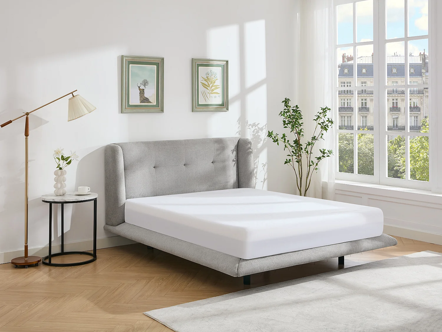 Lit 140 x 190 cm avec tête de lit capitonnée - Tissu - Gris clair - PENAVI