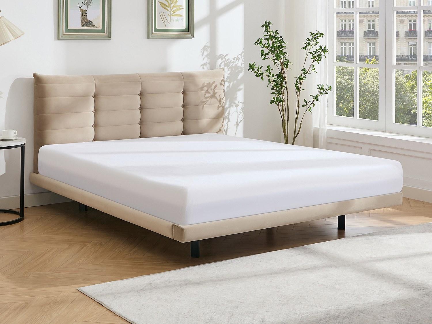 Seng 160 x 200 cm med polstret sengehodegavne - Fløyel - Beige - NISATIO