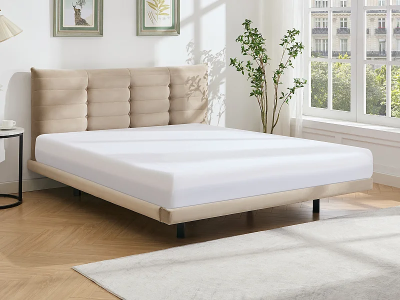 Seng 160 x 200 cm med polstret sengegavl - Fløjl - Beige - NISATIO