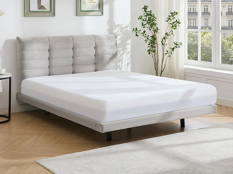 Bett mit gestepptem Kopfteil - 160 x 200 cm - Samt - Grau - NISATIO