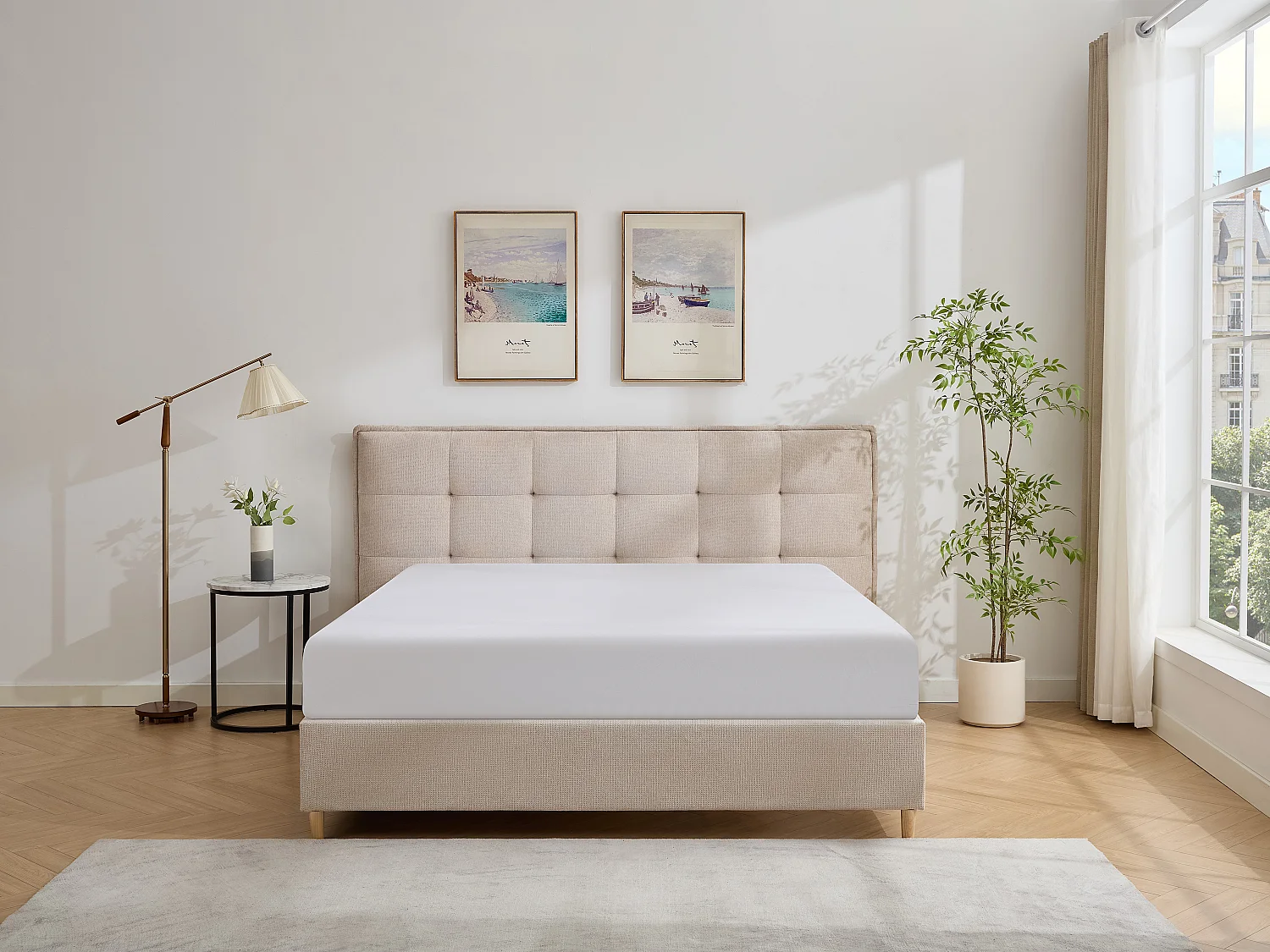 Säng 180 x 200 cm med stoppad sänggavel - Tyg - Beige - NIRPIO