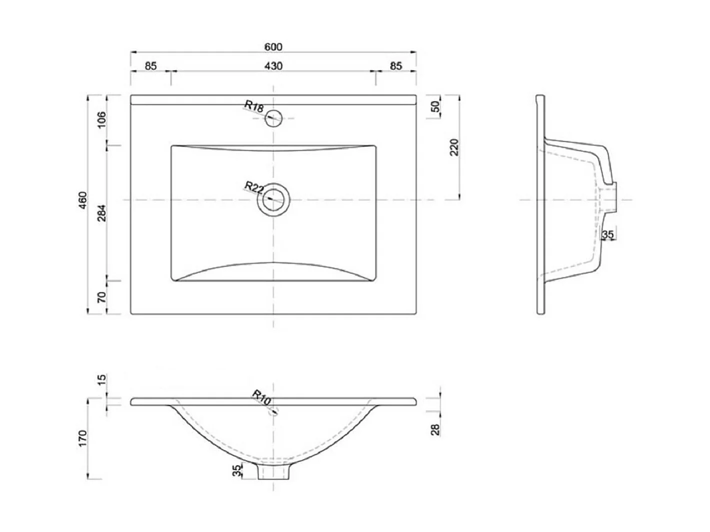 vasque rectangulaire noir à encastrer en céramique -  60 x 46 cm - LAVA