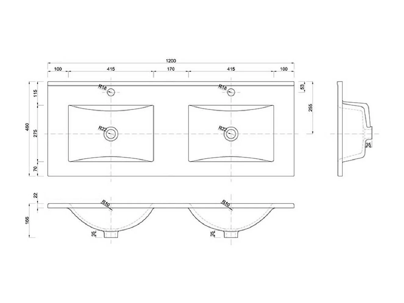 Double lavabo blanc à 2 trous en céramique - rectangulaire  - 120 x 46 cm - SKY