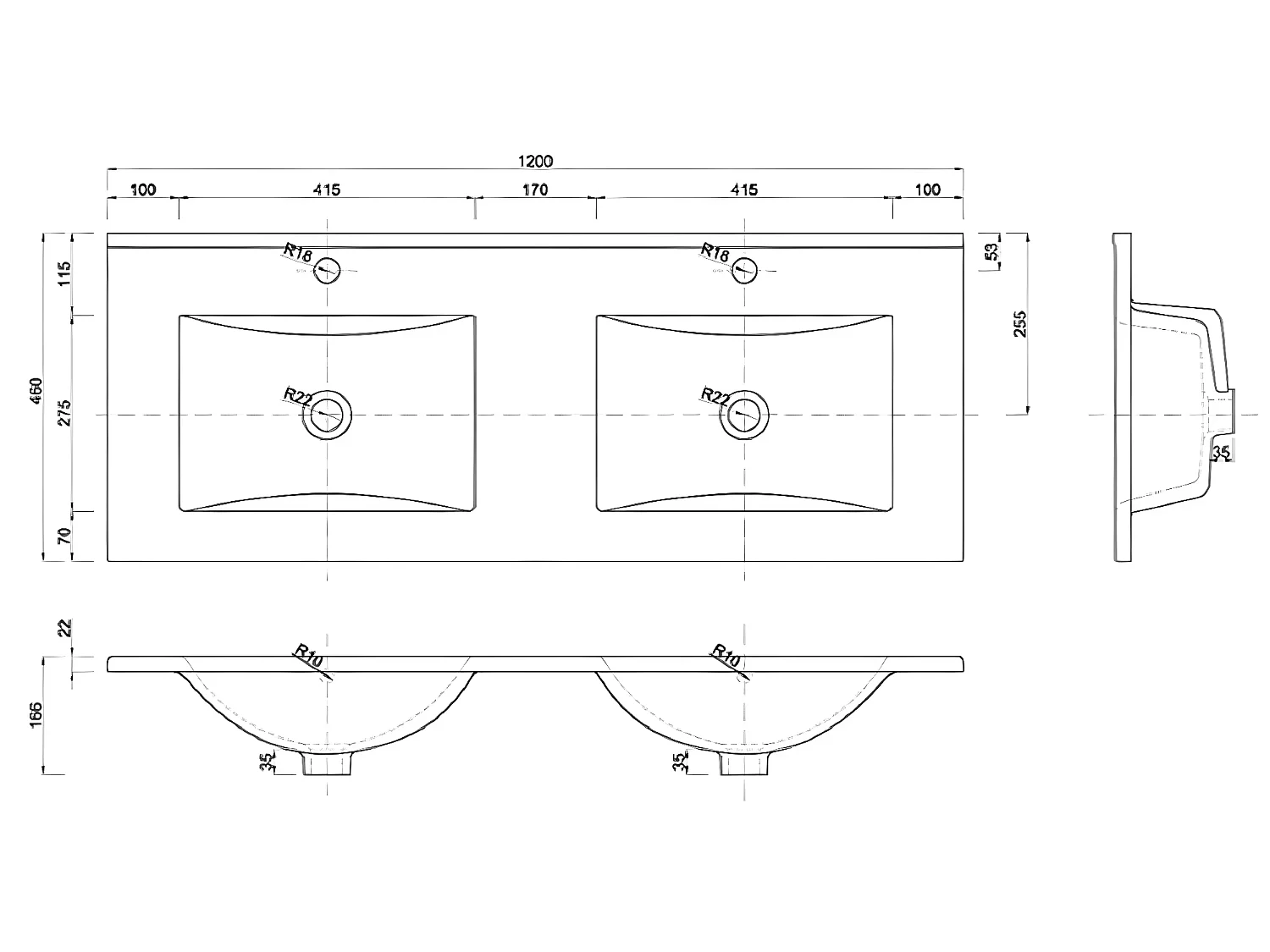 Double lavabo blanc à 2 trous en céramique - rectangulaire  - 120 x 46 cm - SPIRIT