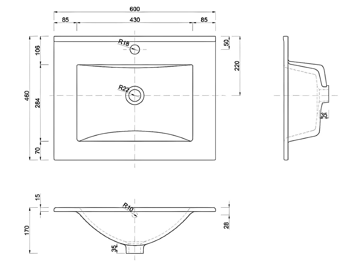 vasque rectangulaire blanche à encastrer en céramique - 60 x 46 cm - SKY