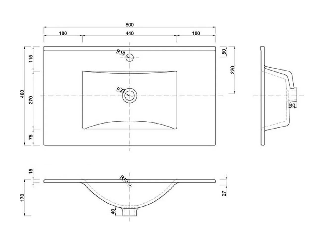 vasque rectangulaire blanche à encastrer en céramique -  80 x 46 cm - SKY