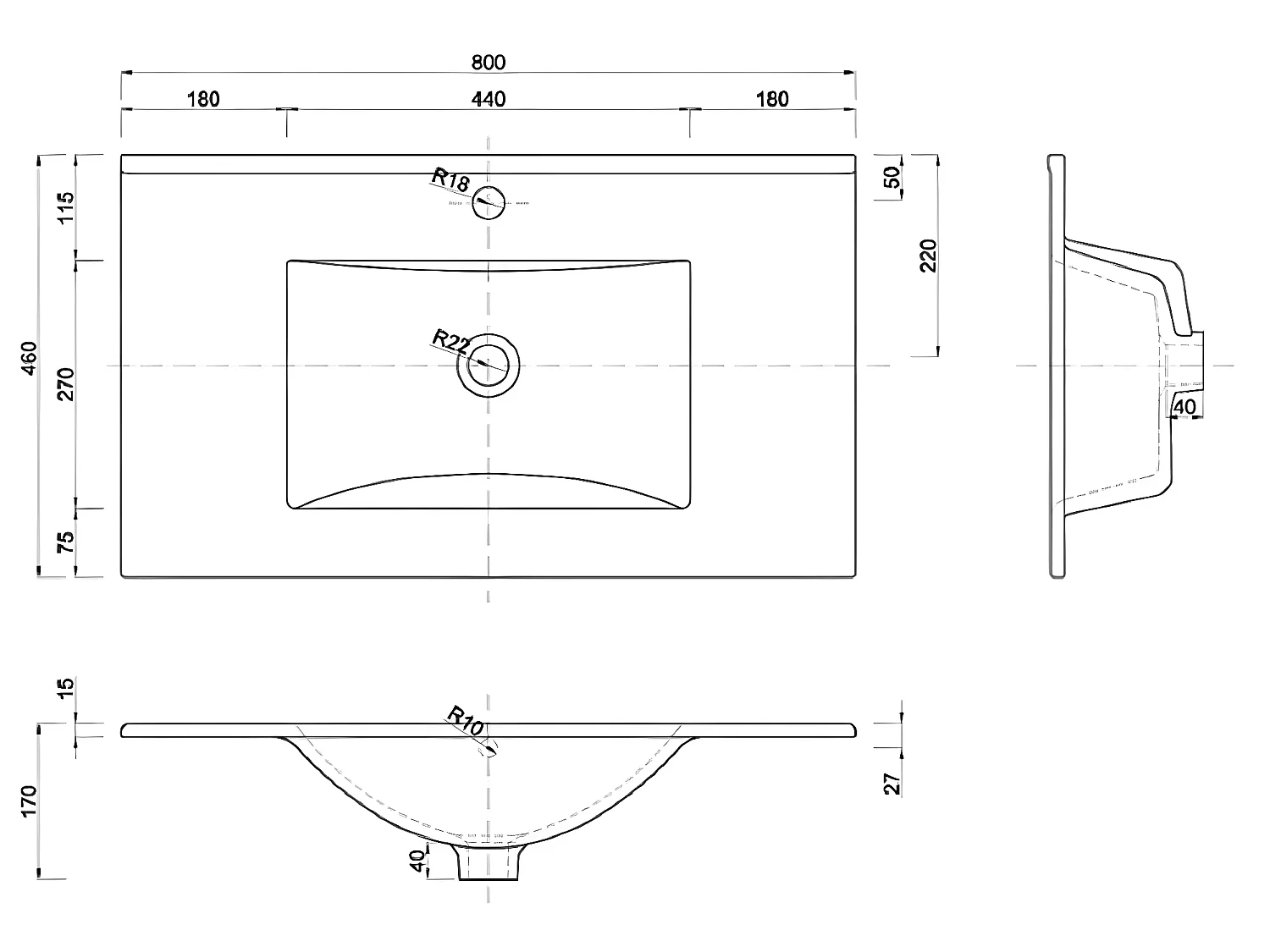 vasque rectangulaire noir à encastrer en céramique -  80 x 46 cm - LAVA