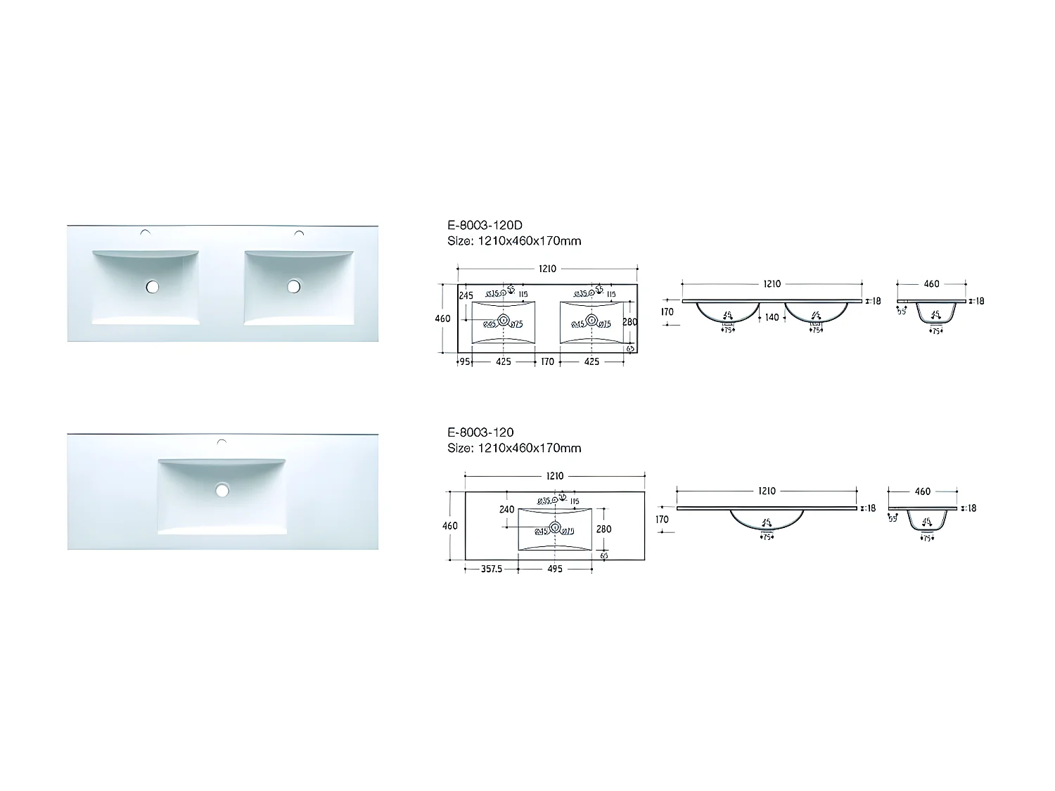 Double lavabo blanc à 2 trous en céramique - rectangulaire  - 120 x 46 cm - LAVA