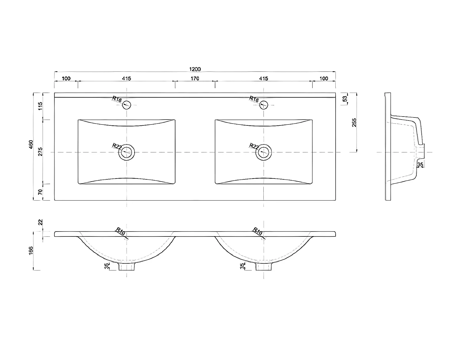 Double lavabo blanc à 2 trous en céramique - rectangulaire  - 120 x 46 cm - LAVA