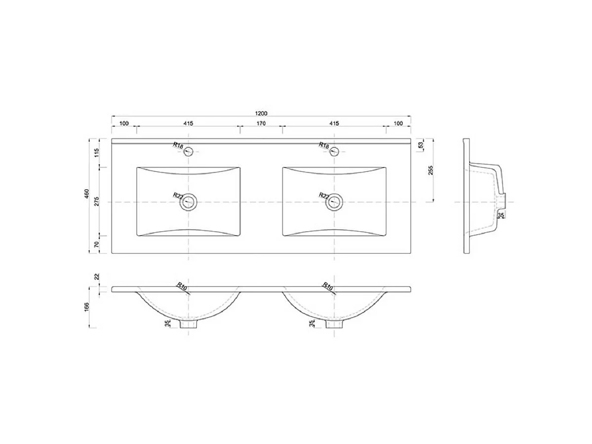 Double lavabo blanc à 2 trous en céramique - rectangulaire  - 120 x 46 cm - LAVA
