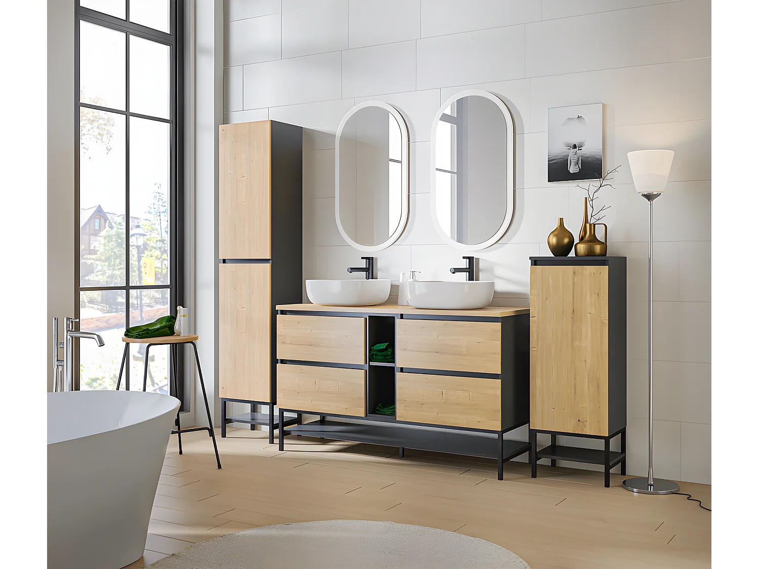 Meuble sous lavabo de salle de bain - Chêne hamiltion et gris diamant - L60-H57-P46 - Marseilla