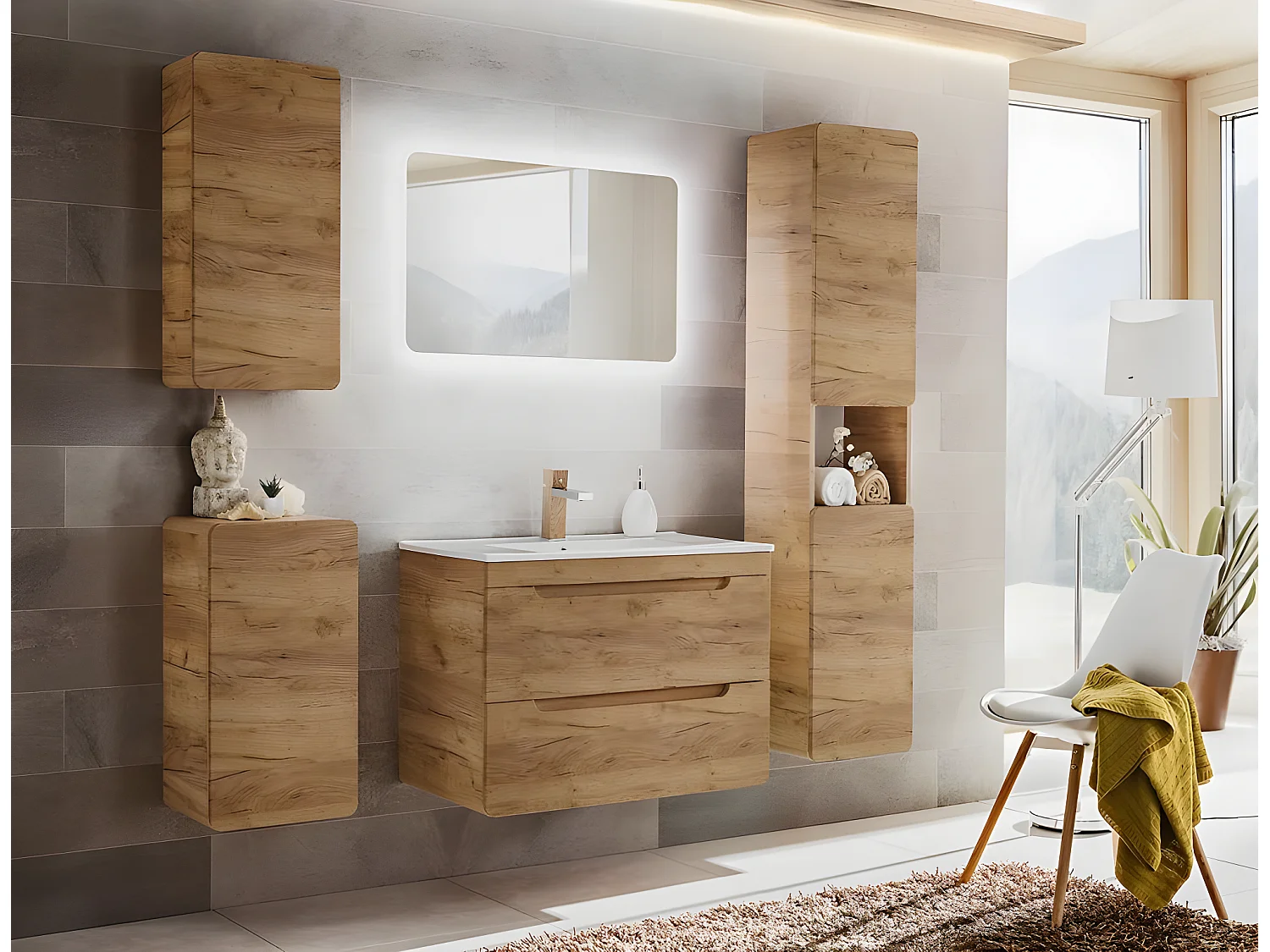 Meuble sous lavabo de salle de bain - Chêne artisanal doré - L40-H59-P41 - ARRIBA