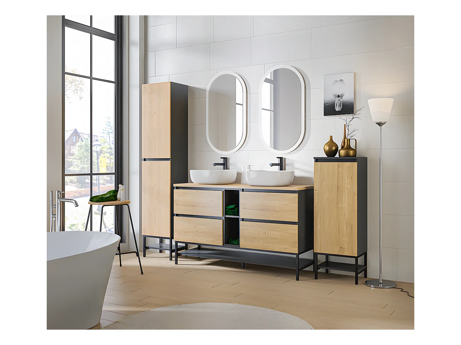Meuble sous lavabo de salle de bain - Chêne hamiltion et gris diamant - L80-H57-P46 - Marseilla