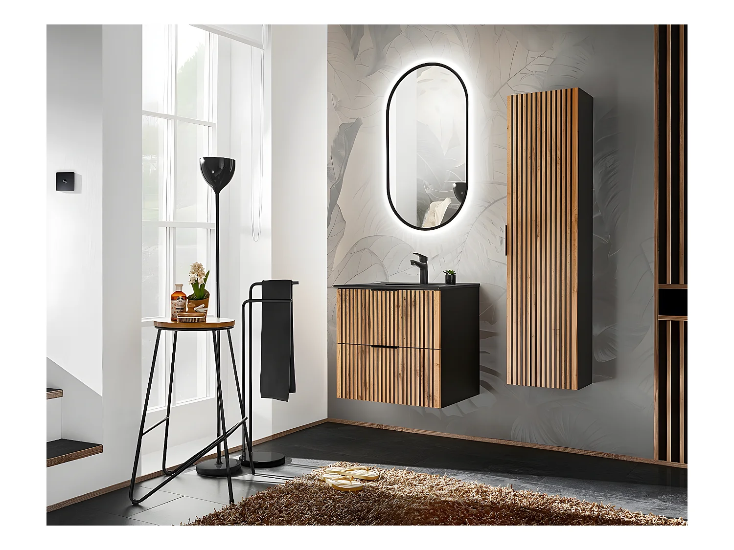 Meuble sous lavabo de salle de bain - Gris roche et chêne Wotan - L60-H57-P46 - LUXILO
