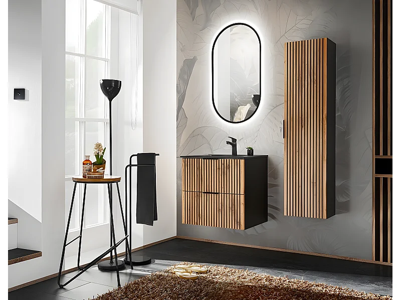 Meuble sous lavabo de salle de bain - Gris roche et chêne Wotan - L60-H57-P46 - LUXILO