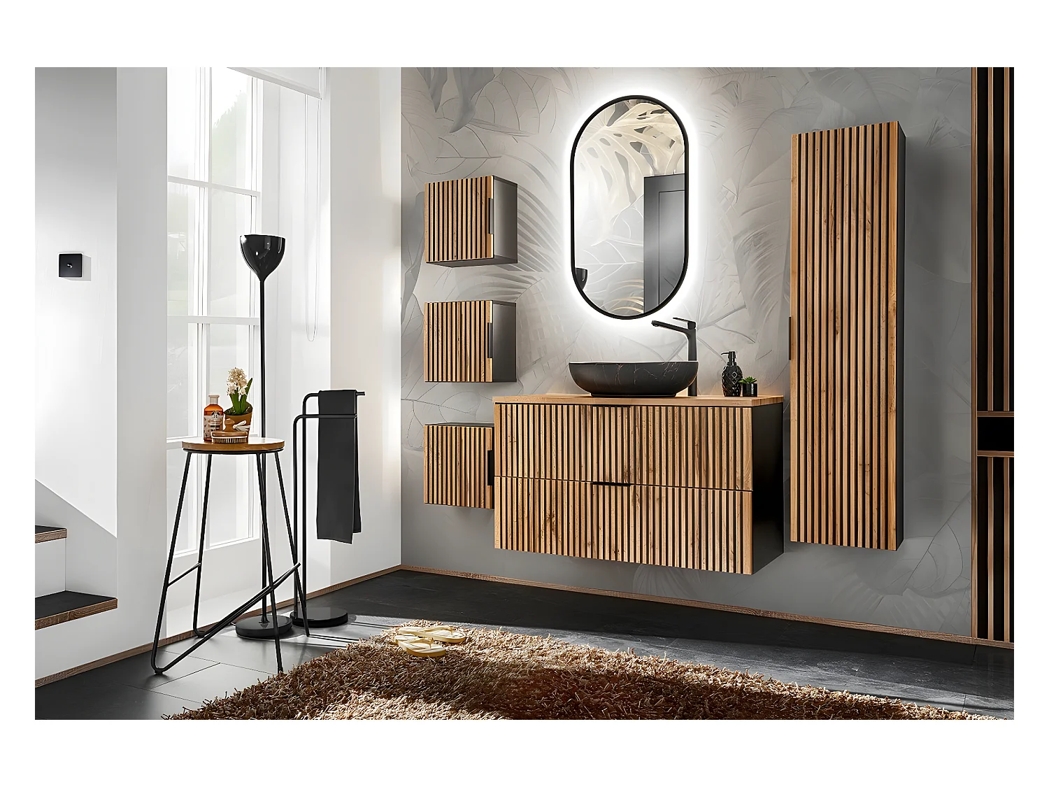 Meuble sous lavabo de salle de bain - Gris roche et chêne Wotan - L100-H57-P46 - LUXILO