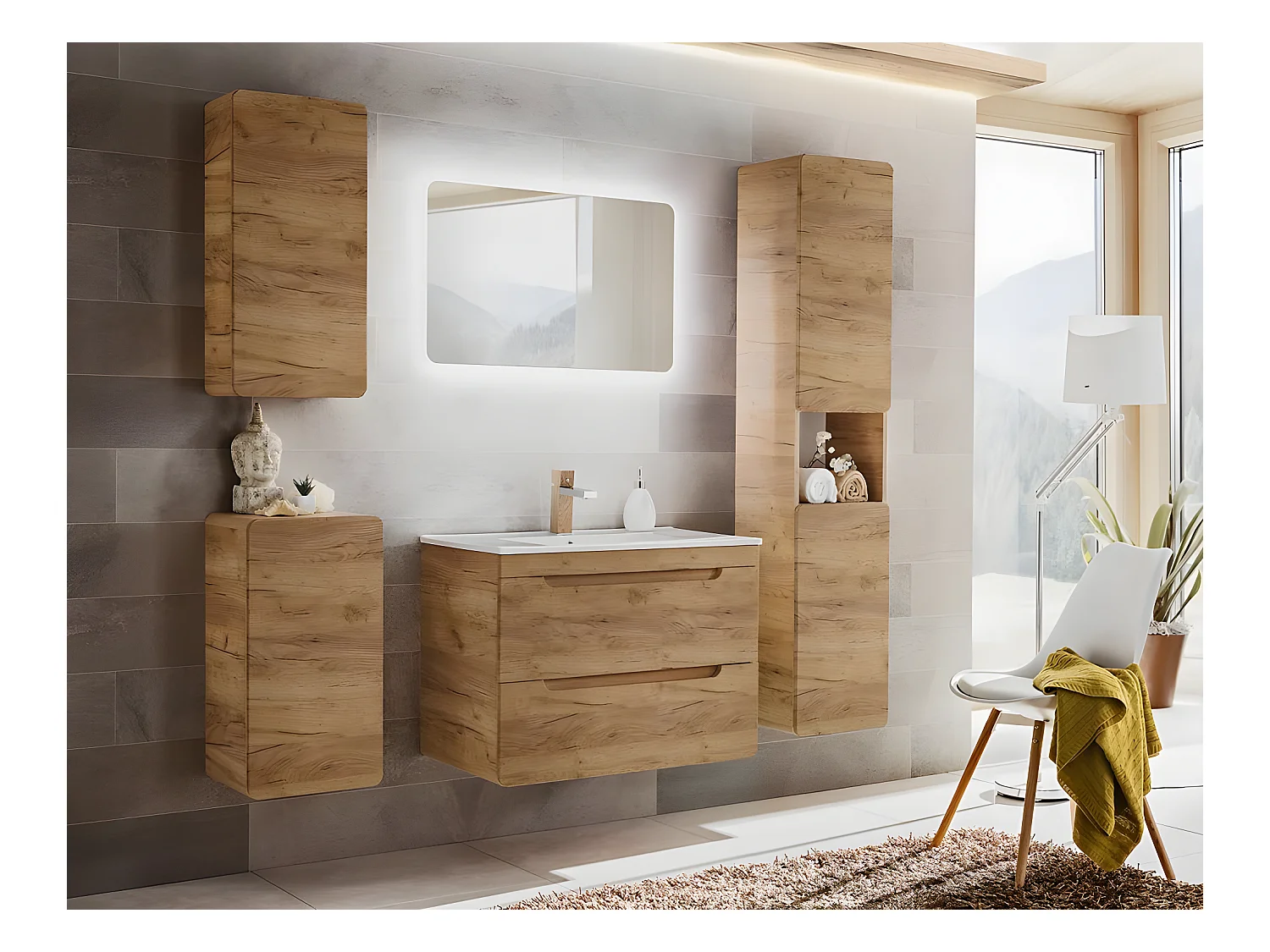Meuble sous lavabo de salle de bain - Chêne artisanal doré - L60-H59-P46 - ARRIBA