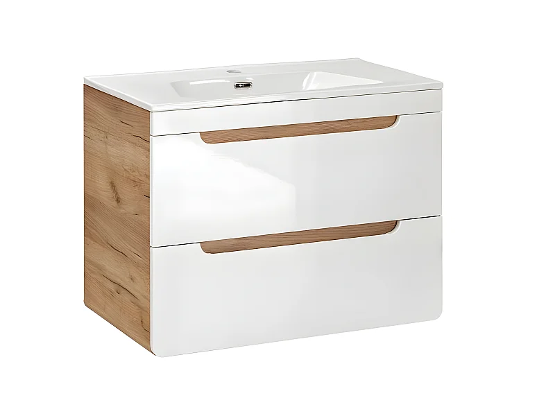 Meuble sous lavabo de salle de bain - Chêne artisanal doré et blanc brillant - L60-H59-P46 - ARRIBA