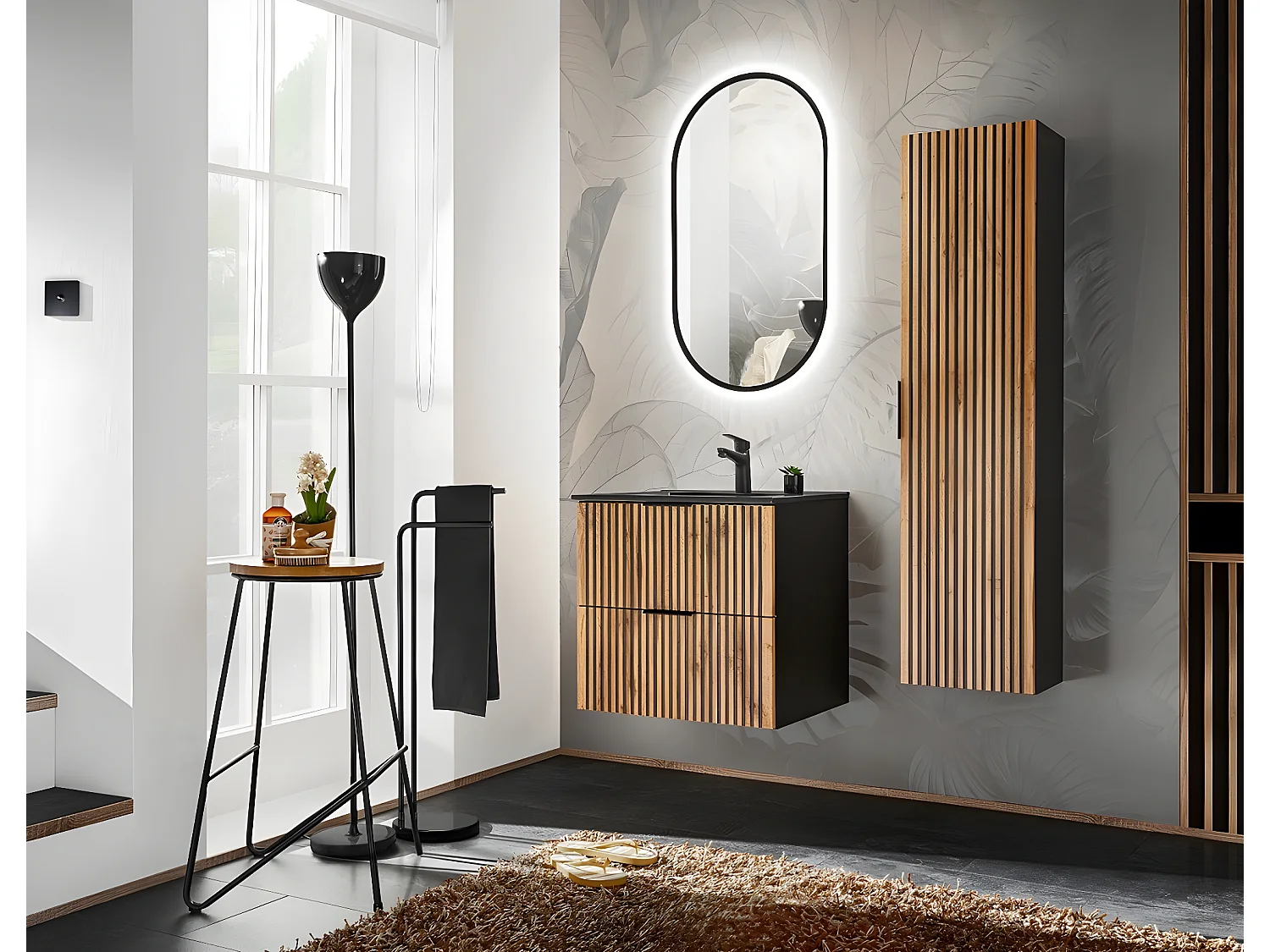 Meuble sous lavabo de salle de bain - Gris roche et chêne Wotan - L80-H57-P46 - LUXILO