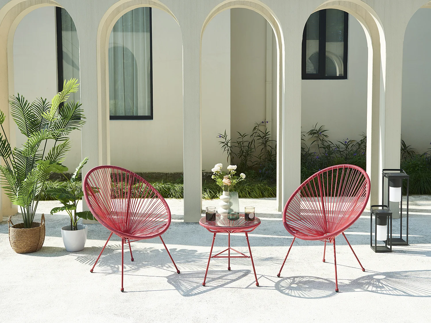 Tuinzithoek van gevlochten harsdraden: twee fauteuils en een tafel - Terracotta - ALIOS III van MYLIA