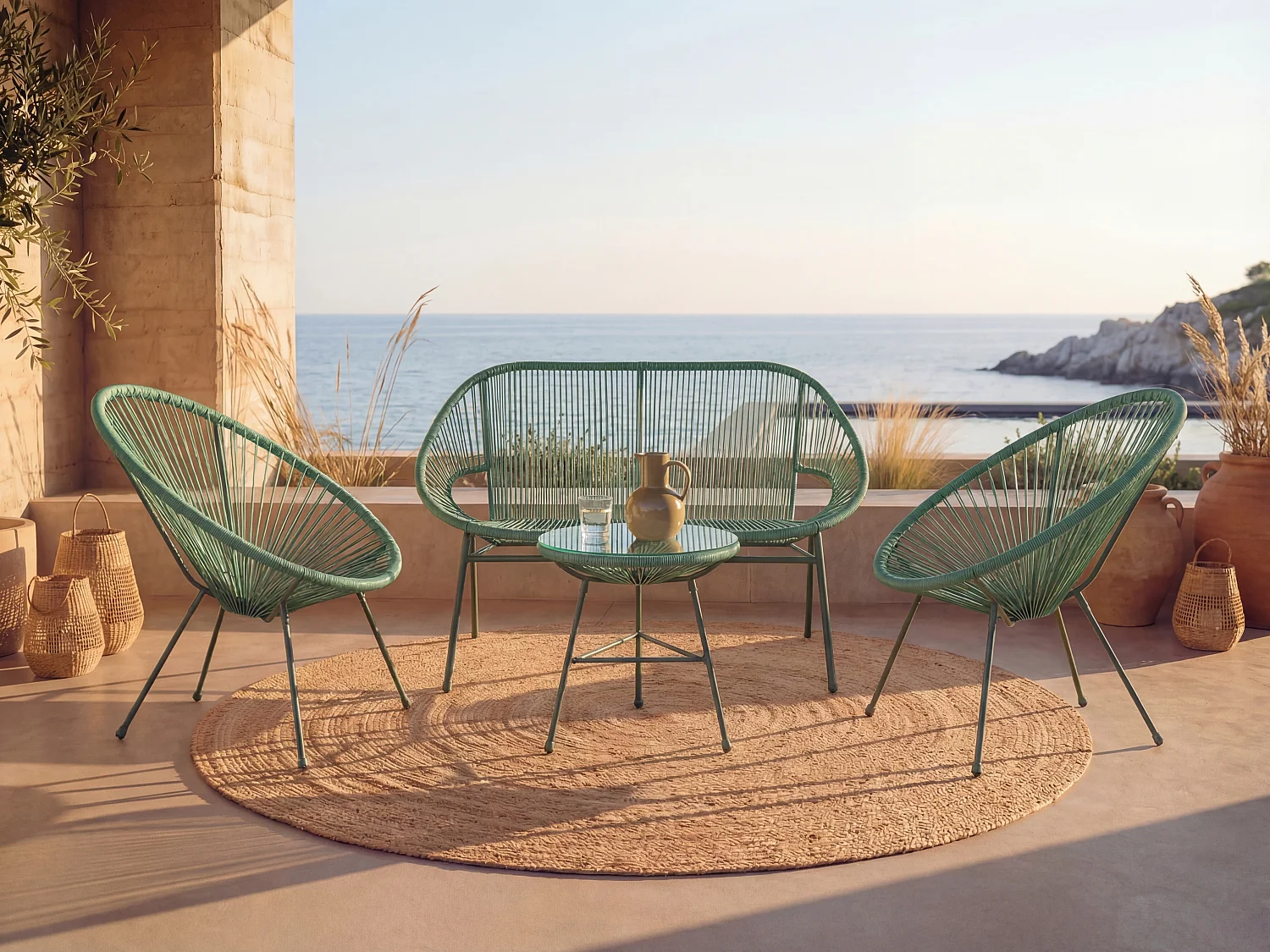 Salon de jardin en fils de résine tressés : 2 fauteuils, un banc et une table - Kaki - ALIOS III de MYLIA