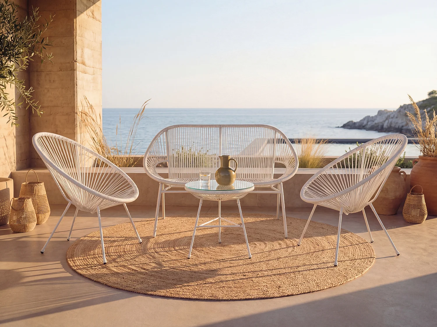 Garten-Sitzgruppe aus Polyrattan: 2 Sessel, 1 Bank 1 Tisch - Weiß - ALIOS III von MYLIA