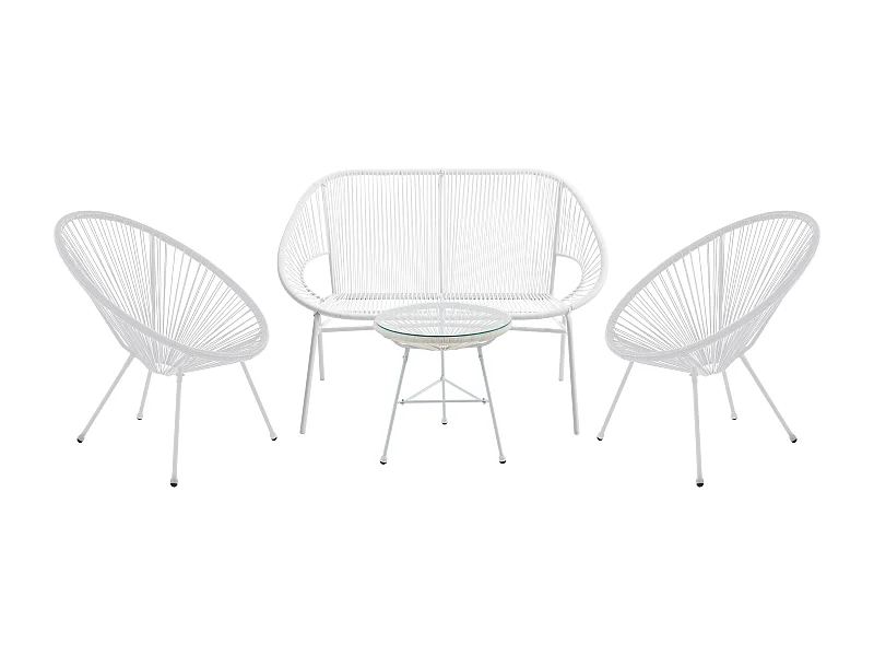 Salon de jardin en fils de résine tressés : 2 fauteuils, un banc et une table - Blanc - ALIOS III de MYLIA
