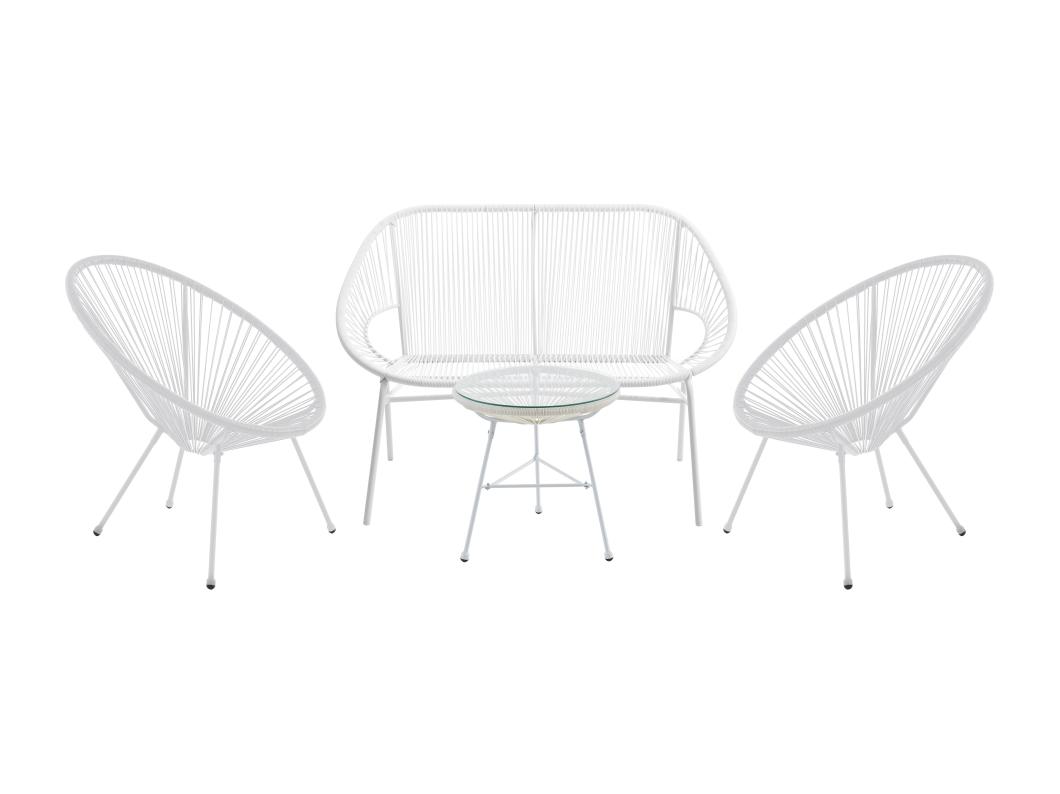 Salon de jardin en fils de résine tressés : 2 fauteuils, un banc et une table - Blanc - ALIOS III de MYLIA