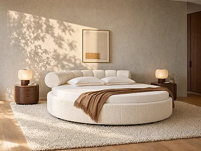 Letto tondo 220 x 220 cm Tessuto bouclette Bianco  - ROGILA
