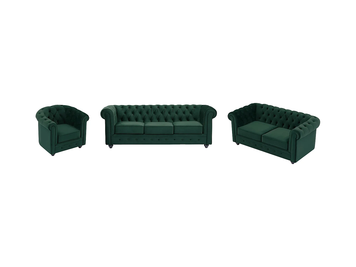 Canapé 3 places, 2 places et fauteuil en velours vert CHESTERFIELD