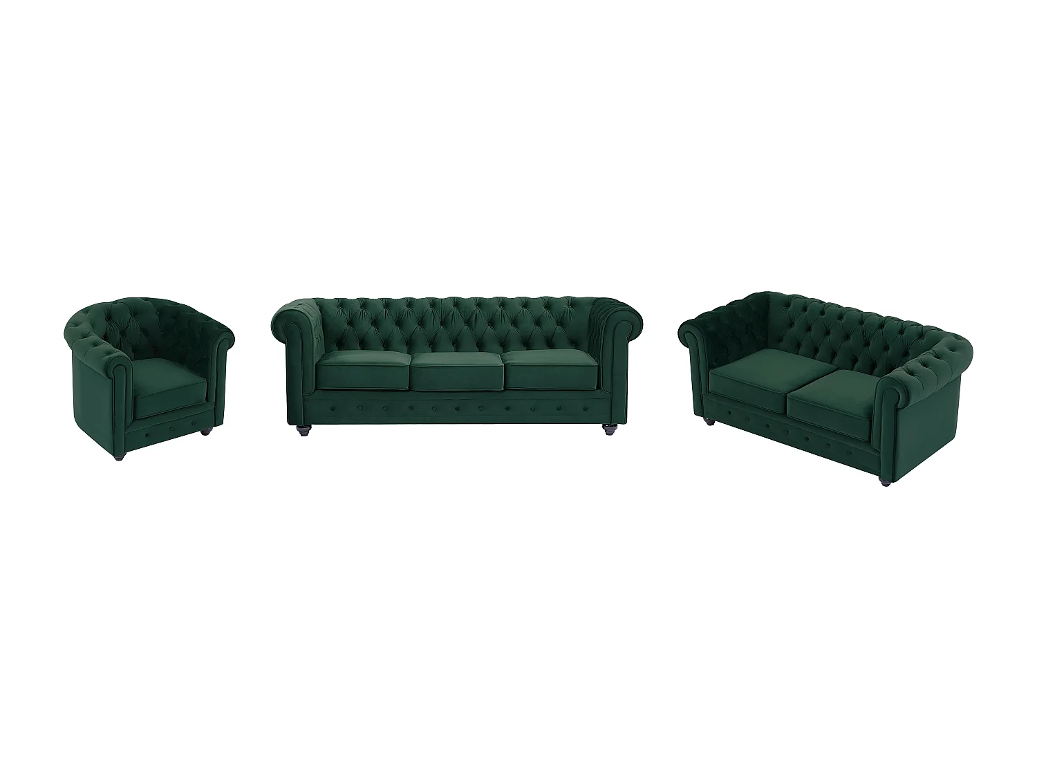 Drie- en tweezitsbank en fauteuil van groen velours CHESTERFIELD