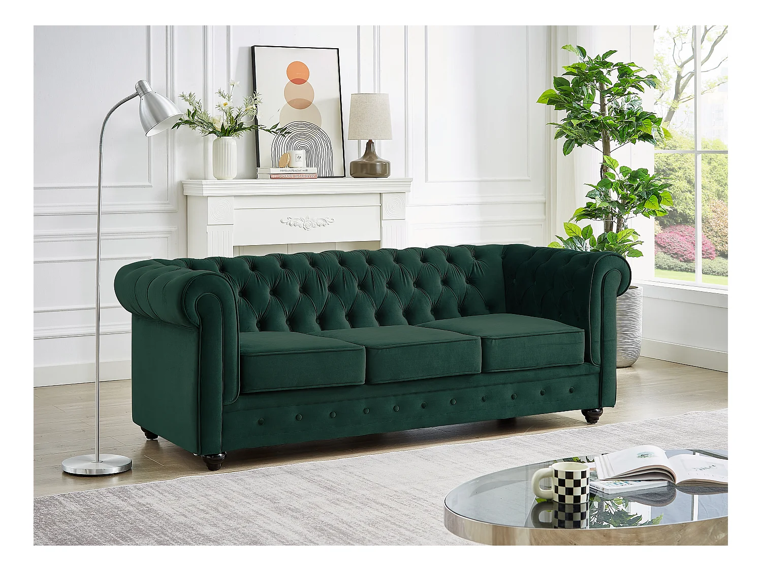 Drie- en tweezitsbank van groen velours CHESTERFIELD