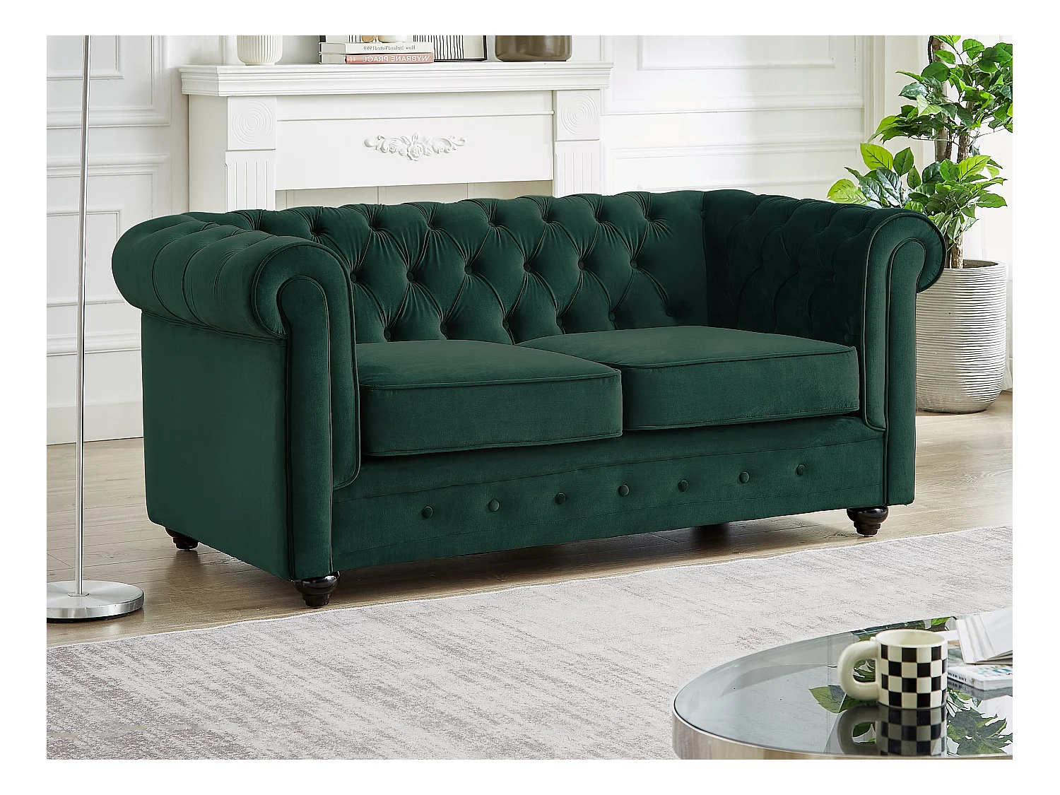 Drie- en tweezitsbank van groen velours CHESTERFIELD