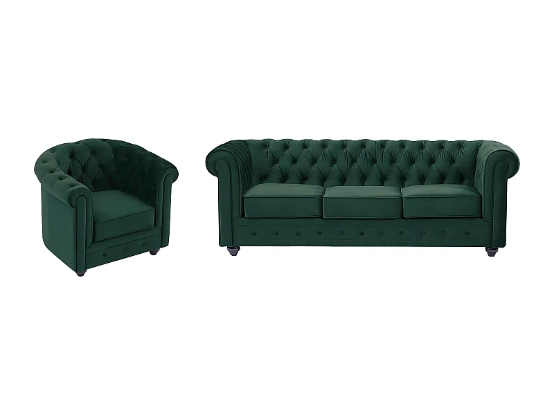 Sofa 3-Sitzer & Sessel - Samt - Grün - CHESTERFIELD