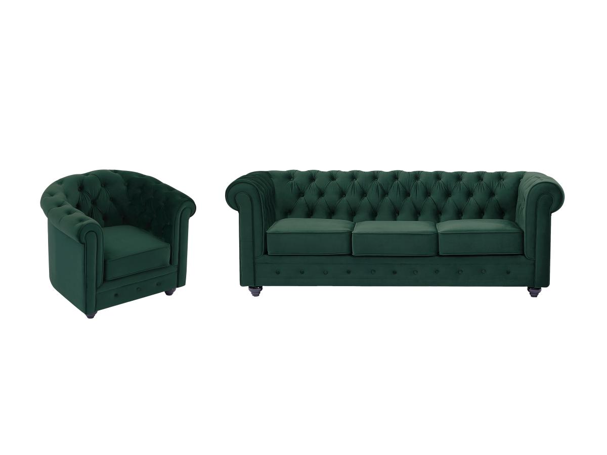 Sofa 3-Sitzer & Sessel - Samt - Grün - CHESTERFIELD günstig online kaufen