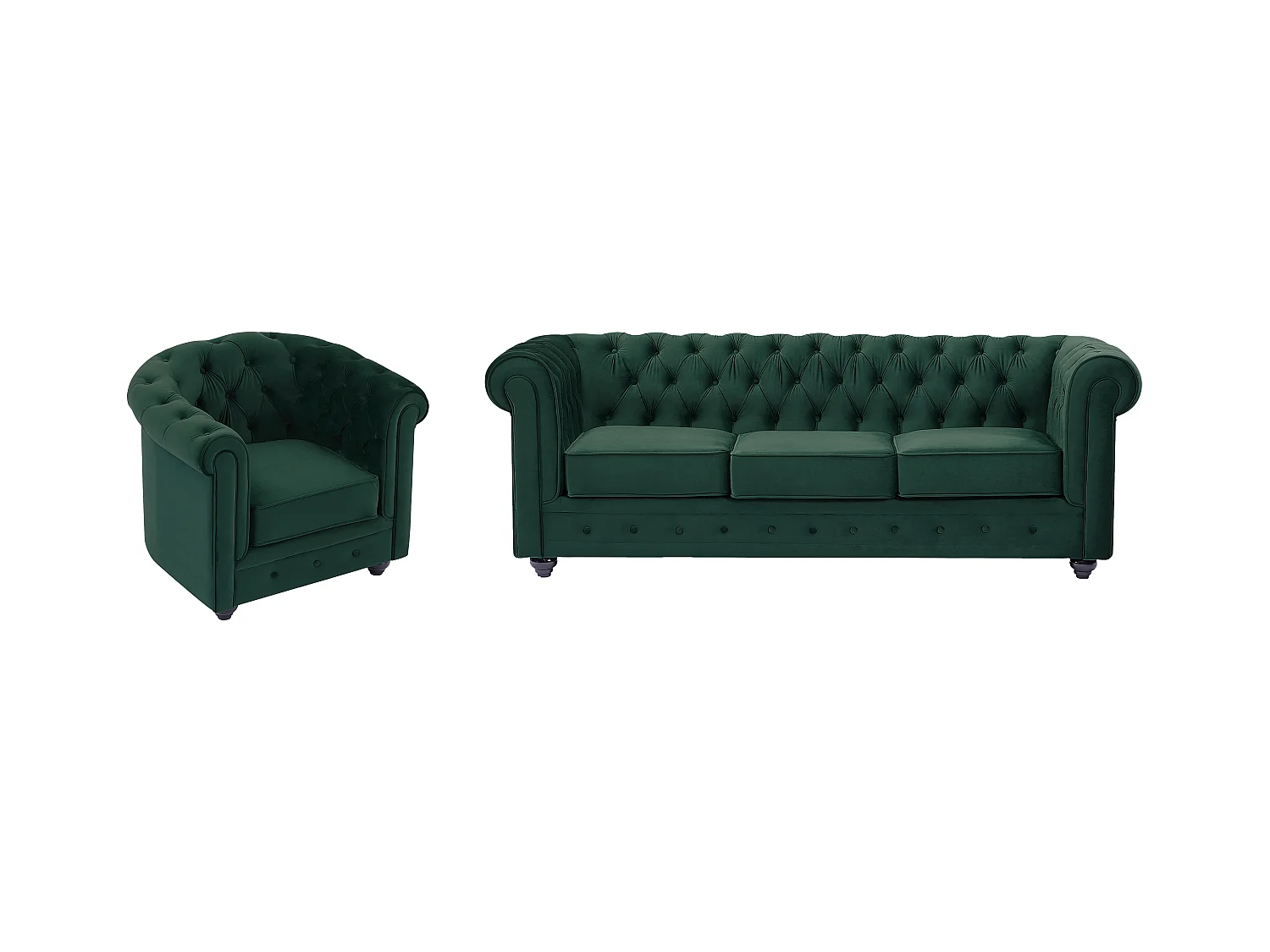 Canapé 3 places et fauteuil en velours vert CHESTERFIELD