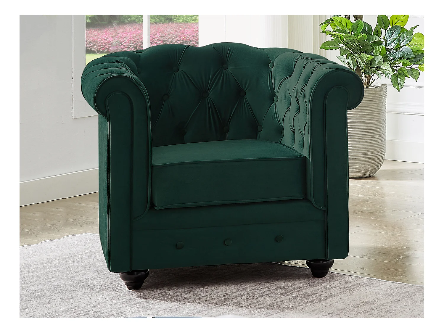 Driezitsbank en fauteuil van groen velours CHESTERFIELD