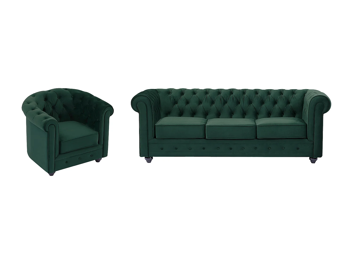 Canapé 3 places et fauteuil en velours vert CHESTERFIELD