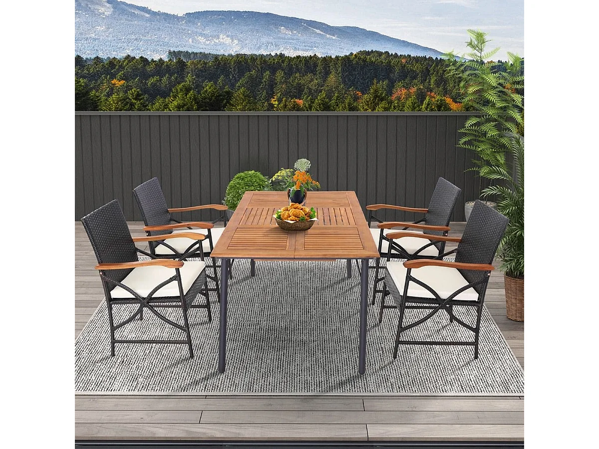 2er Rattan Stühle Set Terrassen-Korbstühle aus PE-Rattan mit Rückenlehne & Armlehne aus Holz