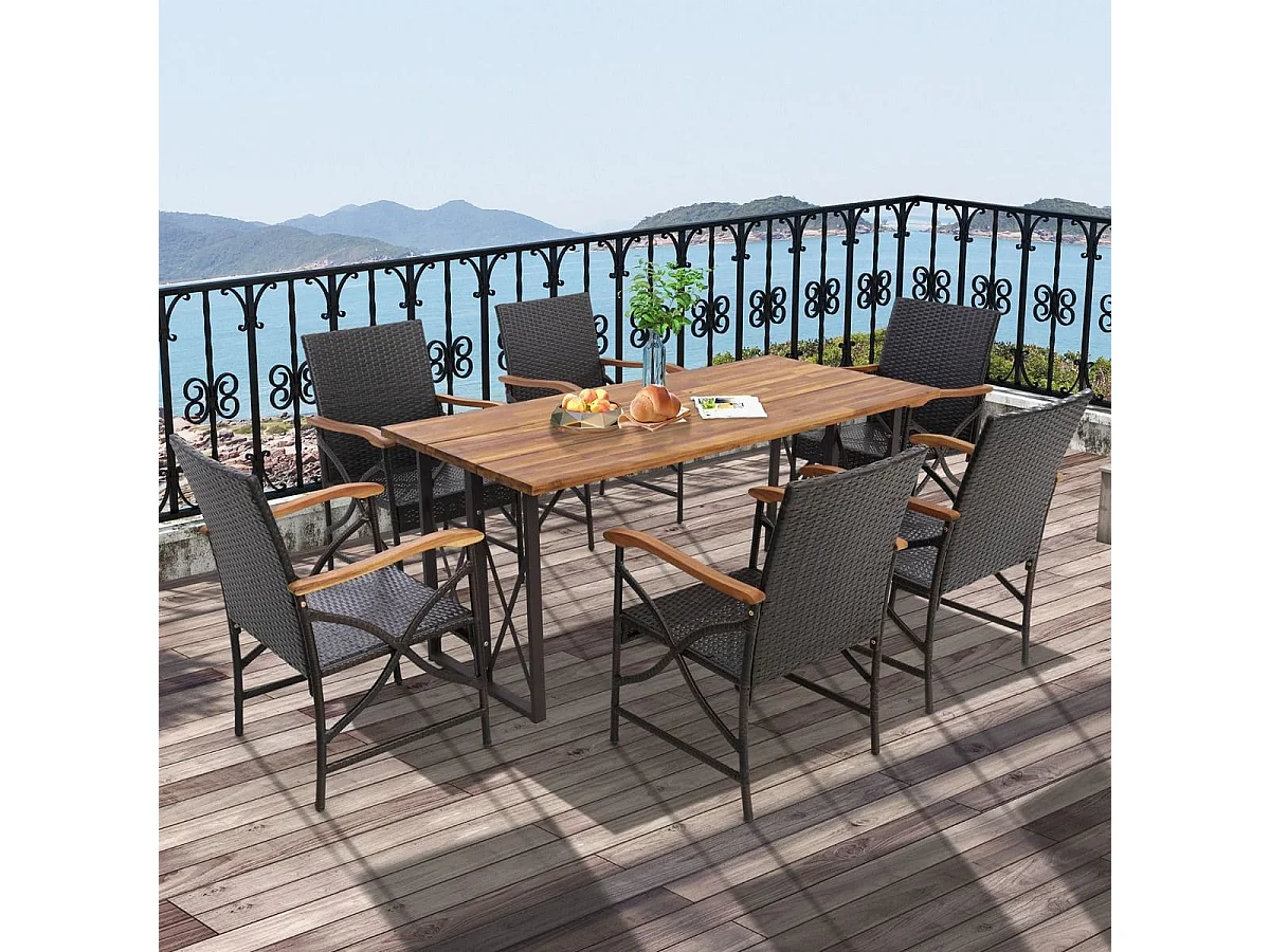 2er Rattan Stühle Set Terrassen-Korbstühle aus PE-Rattan mit Rückenlehne & Armlehne aus Holz