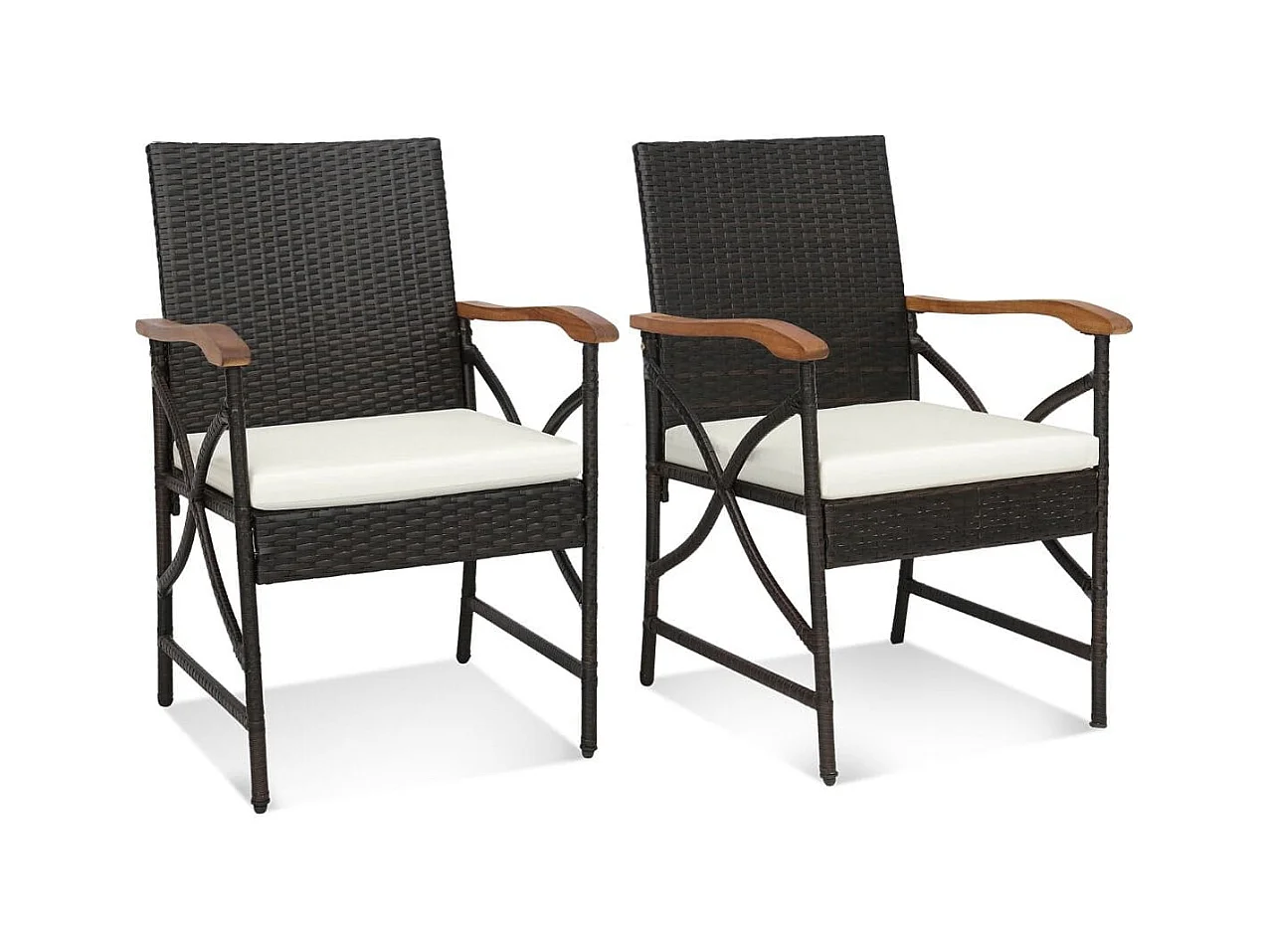 2er Rattan Stühle Set Terrassen-Korbstühle aus PE-Rattan mit Rückenlehne & Armlehne aus Holz