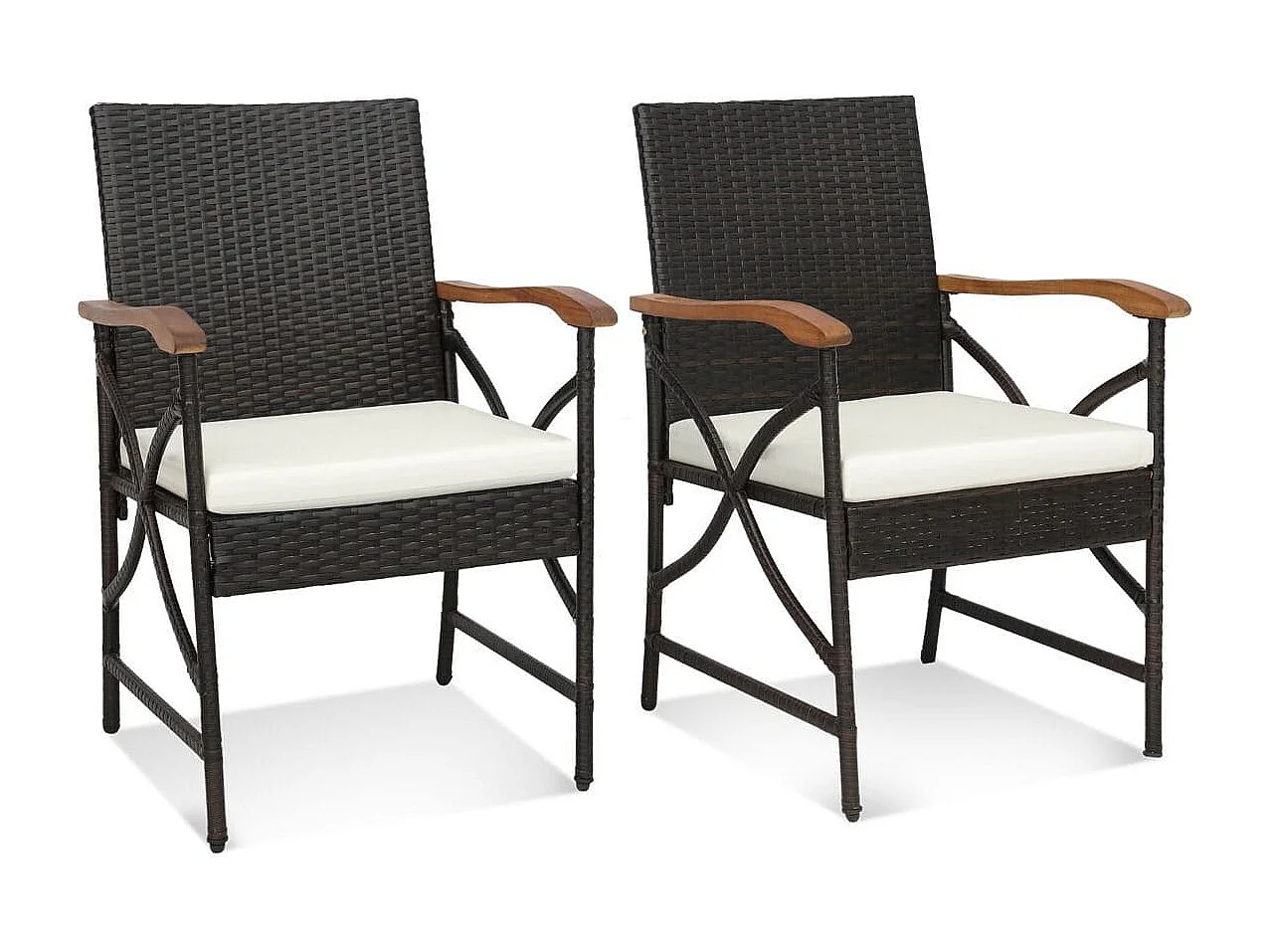 Lot de 2 Chaises de Terrasse en Osier Fauteuilss d'Extérieur en Rotin PE avec Coussin Doux Cadre en Métal et Osier Résistant aux Intempéries