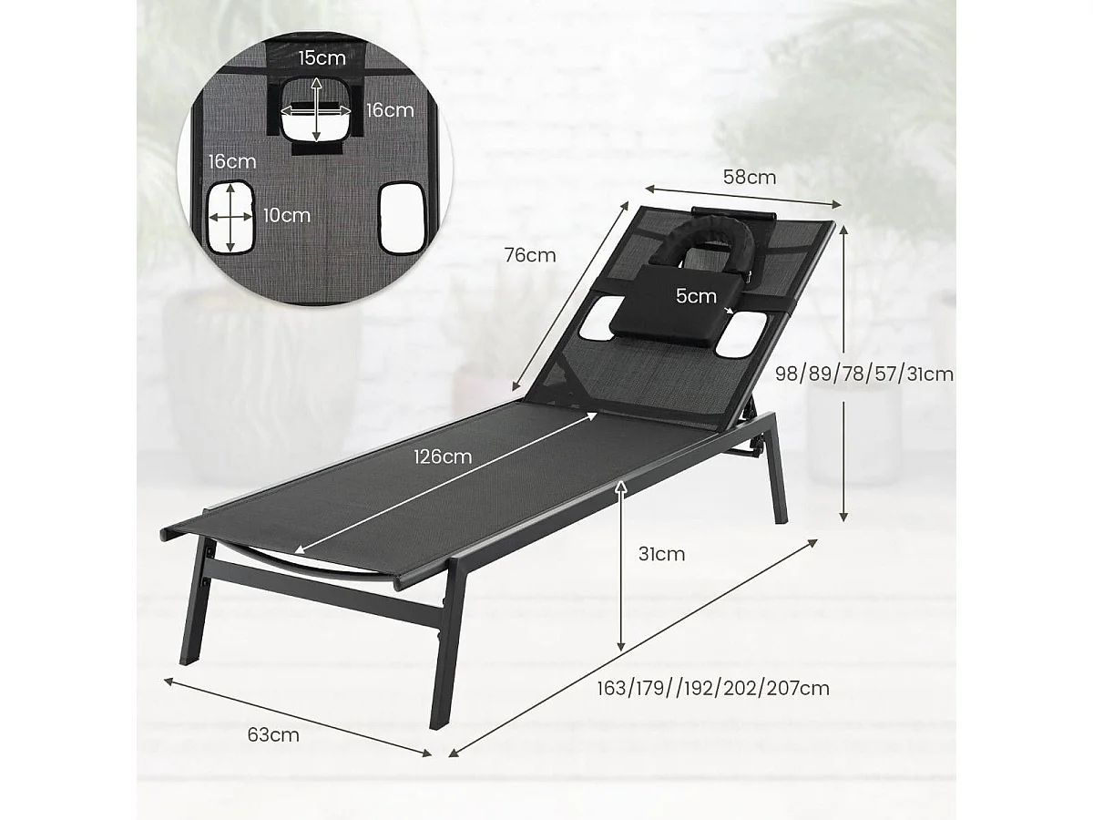 Sonnenliege mit Gesichtsöffnung Gartenliege mit 5-Fach Verstellbarer Rückenlehne Schwarz