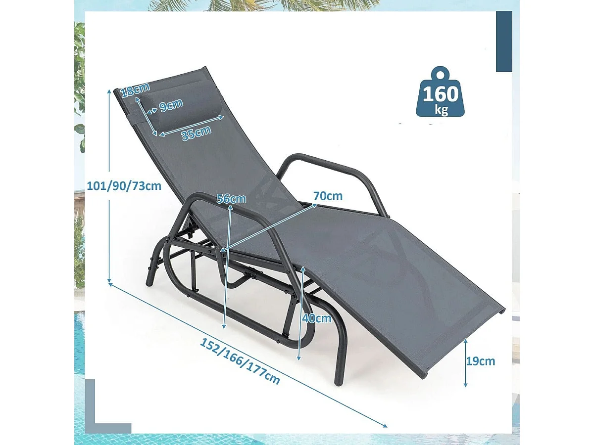 Bain de Soleil Design à Glissement à Dossier Réglable 3 Positions Transat Jardin Extérieur Cadre Métal avec Accoudoirs Gris