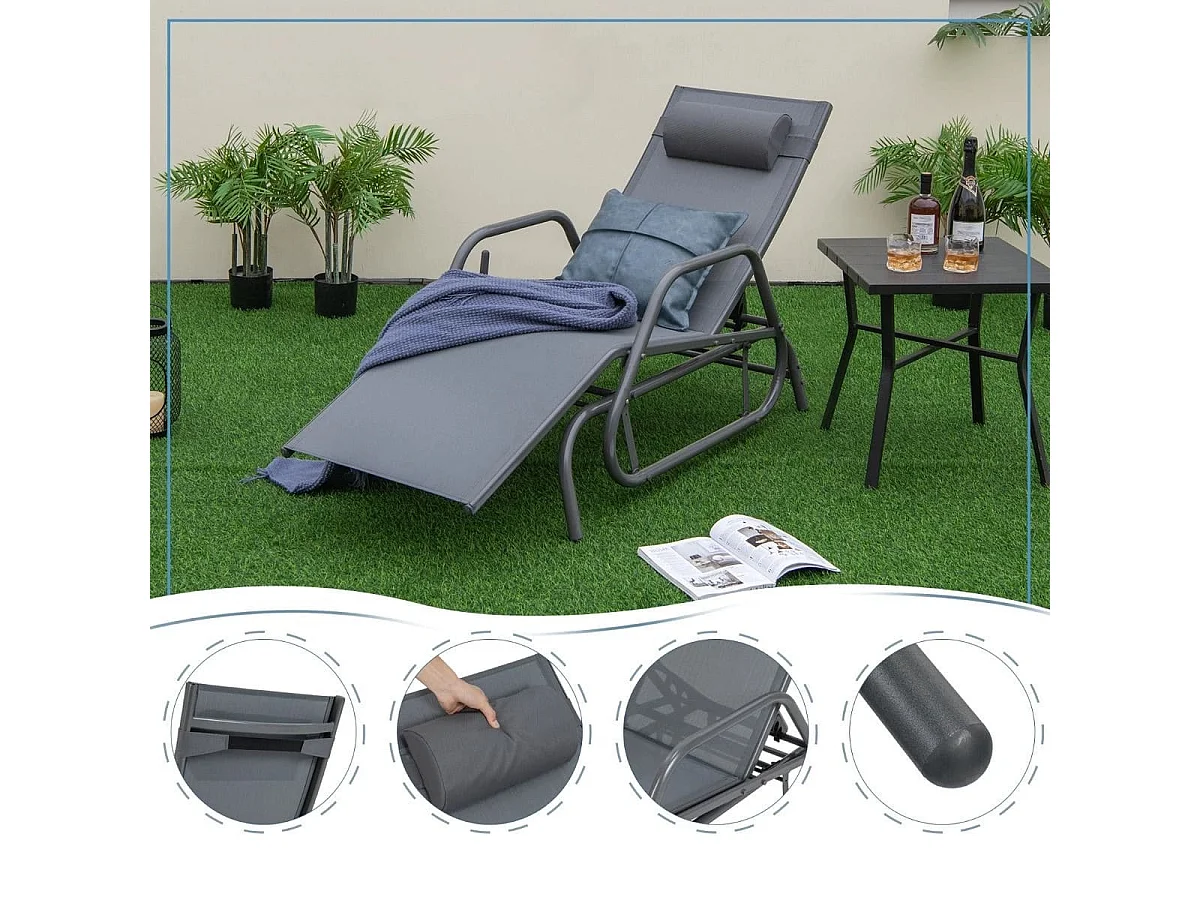 Bain de Soleil Design à Glissement à Dossier Réglable 3 Positions Transat Jardin Extérieur Cadre Métal avec Accoudoirs Gris