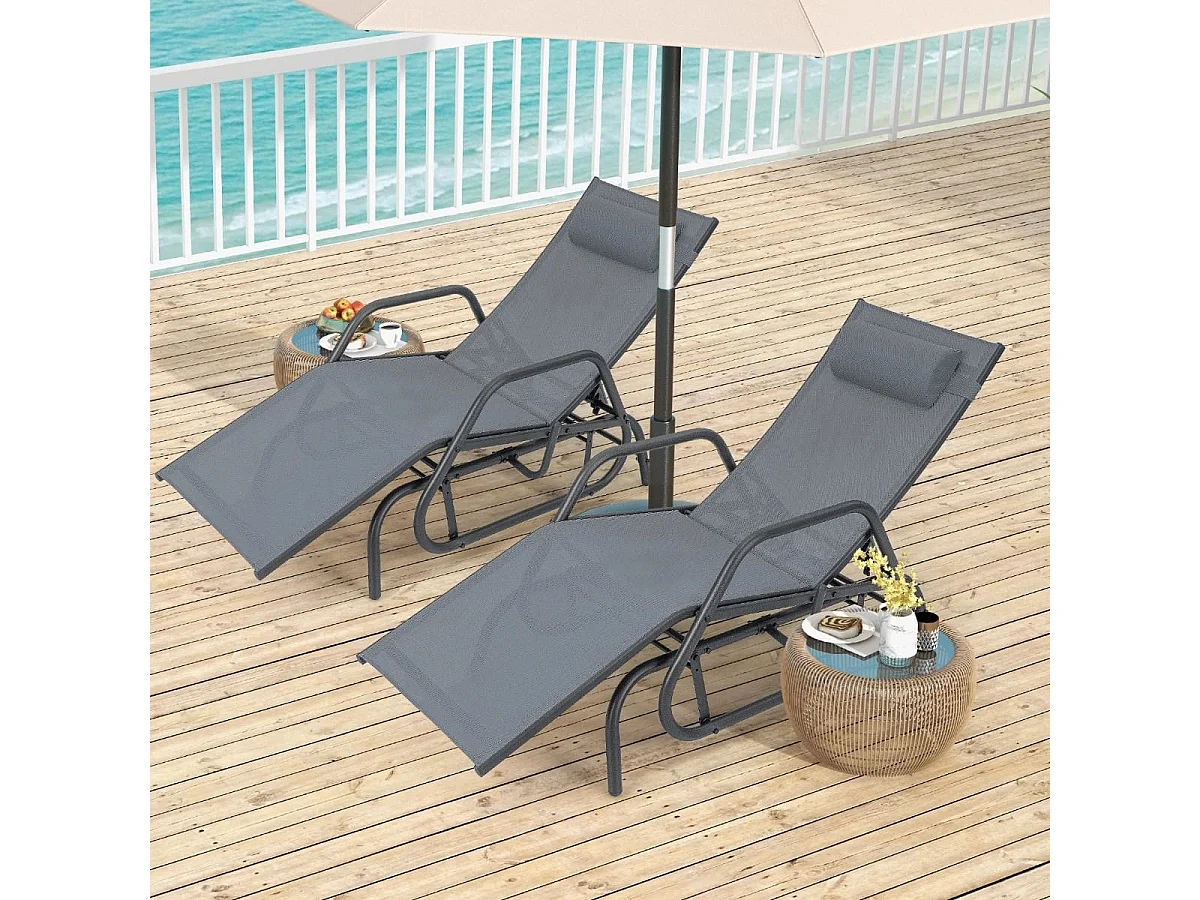 Bain de Soleil Design à Glissement à Dossier Réglable 3 Positions Transat Jardin Extérieur Cadre Métal avec Accoudoirs Gris