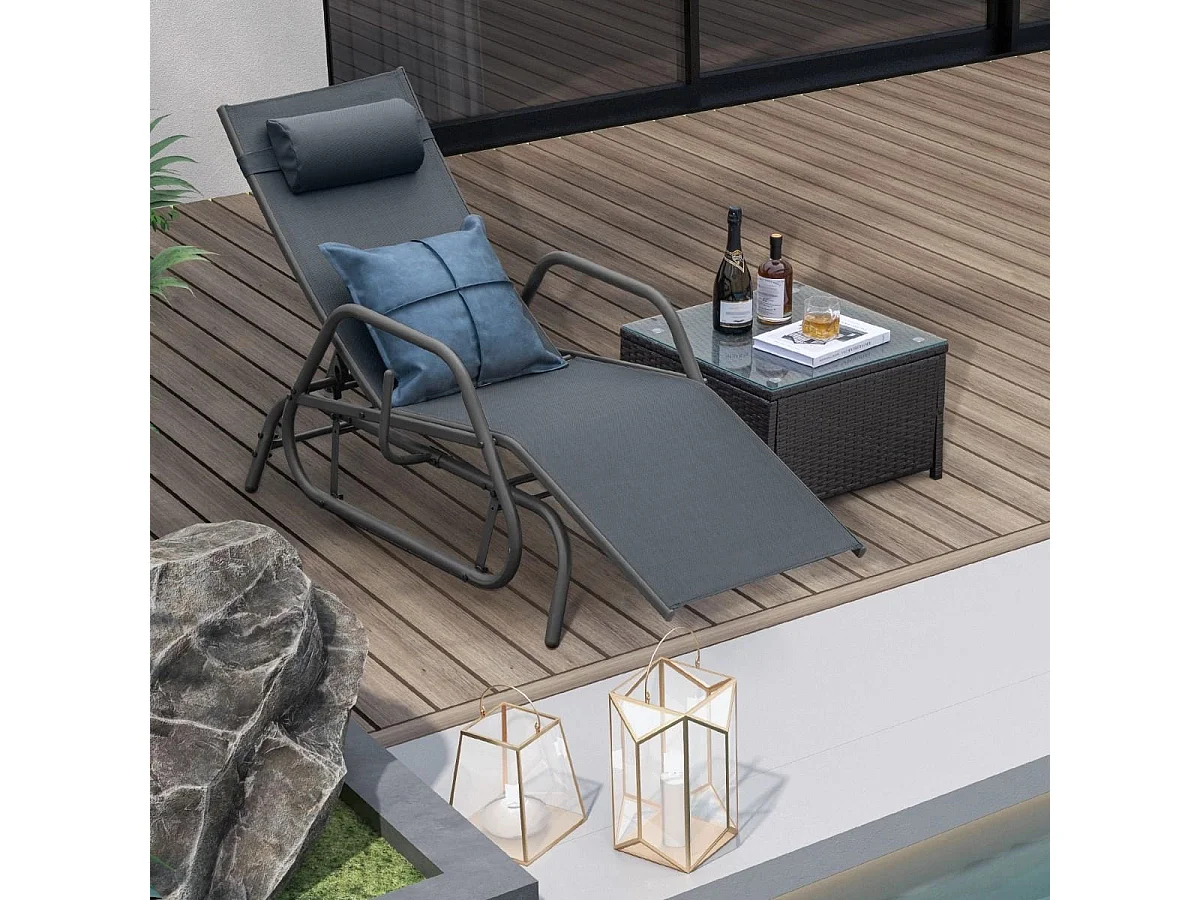 Bain de Soleil Design à Glissement à Dossier Réglable 3 Positions Transat Jardin Extérieur Cadre Métal avec Accoudoirs Gris